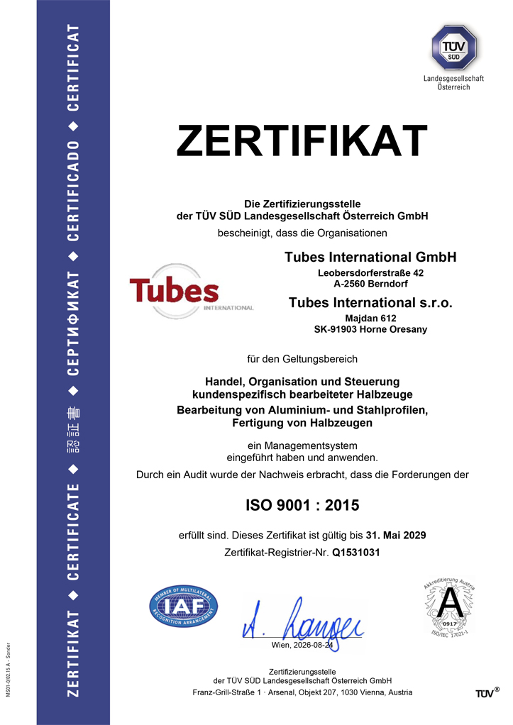 ISO 9001 certificate from Tubes International