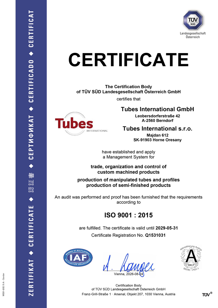 ISO 9001 certificate from Tubes International
